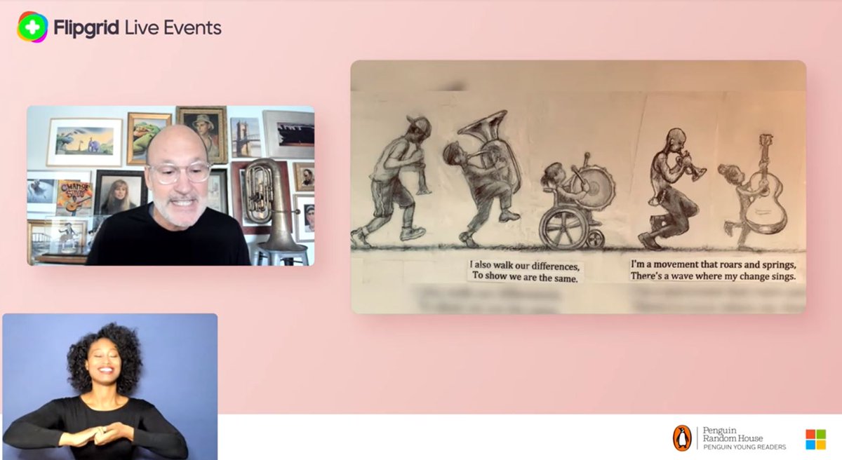 MsCharles8's tweet photo. So cool to be listening to @TheAmandaGorman read her poem and listen to @lorenlong share the steps he took to illustrate the book. @WolfCreekWolves @FlipgridEvents @PenguinBooks https://t.co/67gi5D284W