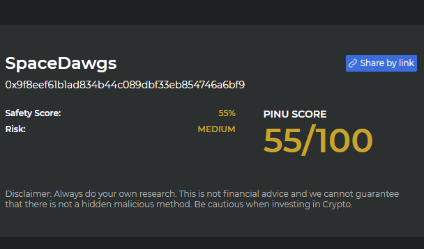PinuScanner's tweet photo. Attention! ❓🚀❓
$DAWGS #DAWGS scored 55/100 on the Crypto Coin Scanner!

Could this be a $DOGE $VRA $FLOKI $NFT?

CCS is powered by @InuPirate $PINU looking for malicious functions &amp; dangerous code that could affect your investment.  DYOR

Learn more at https://t.co/CLNdr7PMLx https://t.co/lcRUH0VIE2