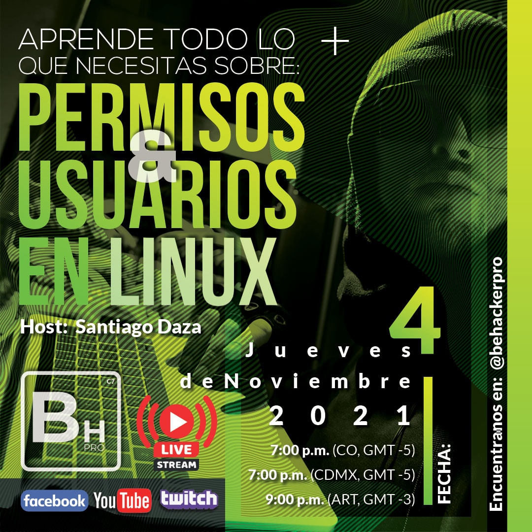 behackerpro's tweet photo. Hoy a las 7:00 p.m. hora #colombia estatemos en vivo explicando todo sobre el manejo de los permisos en archivos y directorios en #Linux, aprenderas a asignar, revocar y establecer permisos en modo consola.
Te esperamos en》
https://t.co/tPNsxrBeYM
Suscríbete hoy!
#ciberseguridad https://t.co/i4H71c5cy8