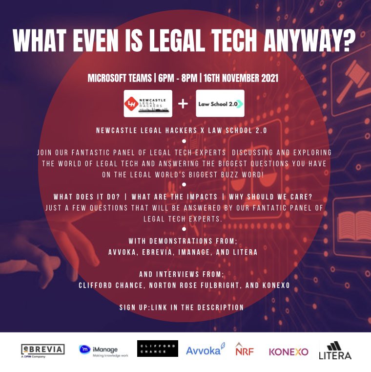 💻‘What even is Legal Tech Anyway?’💻 Tuesday 16th November 2021 6pm - 8pm   Brought to you by Newcastle Legal Hackers and Law School 2.0!   Sign up by following the link below!  docs.google.com/forms/d/1vT2DR…