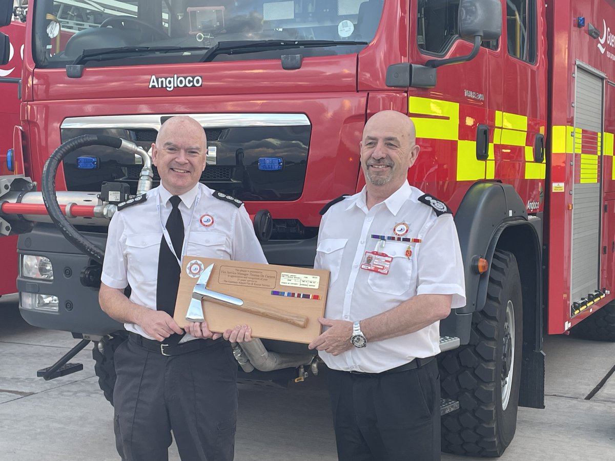 GuernseyAirport's tweet photo. We say goodbye to our Fire Service Manager Tom De Carteret who is retiring today (4 November 2021) with 21 years of service to Guernsey Airport. We wish Tom a happy retirement & thank him for his service to #airportfirefighting for us & the @RoyalAirForce @Govgg @iftcentre https://t.co/8D6fYtpMtF