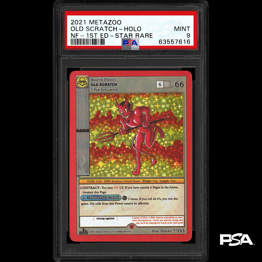 PSAcard on Twitter: "👀 𝙅𝙐𝙎𝙏 𝙂𝙍𝘼𝘿𝙀𝘿 👀 2021 MetaZoo Nightfall  "Old Scratch" Holo - 1st Edition Star Rare ℹ️ The Nightfall product is  incredibly hot right now, and this short-printed "secret" Star
