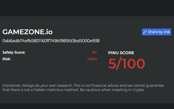 PinuScanner's tweet photo. 🚨WARNING!🚨
$GZONE #GZONE scored 5/100 on the Crypto Coin Scanner!

Invest Wisely $DOGE $SHIB $VRA $SMI

CCS is powered by @InuPirate $PINU looking for malicious functions &amp; dangerous code that could affect your investment.  DYOR

Learn more at https://t.co/CLNdr7ybTZ https://t.co/R5tiPAEyDg