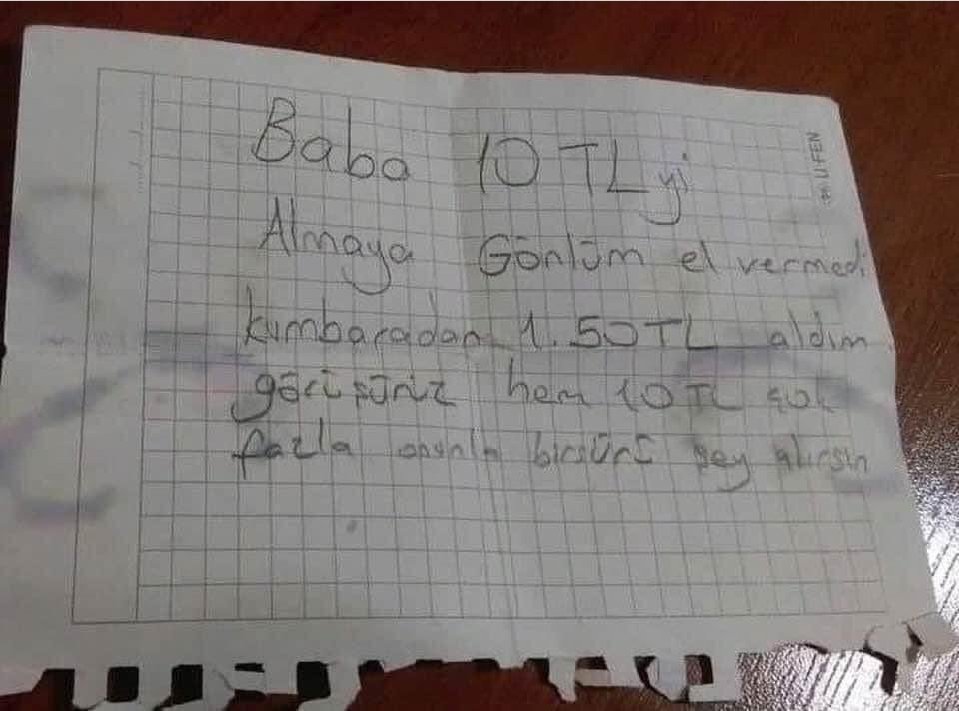 Küçük bir çocuğun okula giderken babasına bıraktığı not.. Artık yeter, 'B U R A Y A K A D A R'