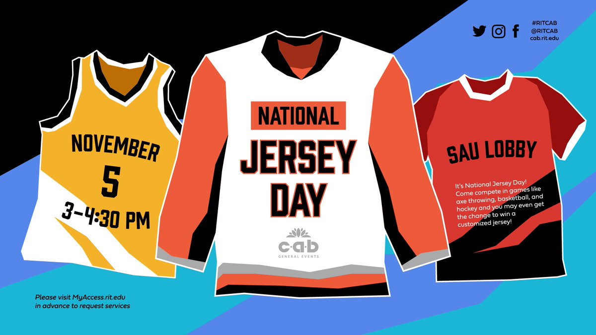 RIT CAB on Twitter: "⚾️ That's right, TOMORROW is National Jersey Day! Come  to the SAU lobby from 3:00-4:30 and compete in games like axe throwing,  basketball, and hockey for the chance