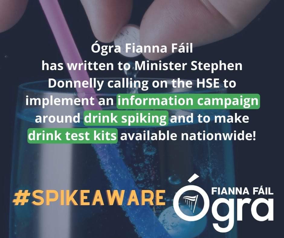 ‼️ Ógra Fianna Fáil calls on the HSE to establish campaigns against spiking after increased reports across Ireland‼️

The best way to stop spiking is for people to stop spiking, but implementing these measures will go a long way in making your night out safer👇

#SpikeAware