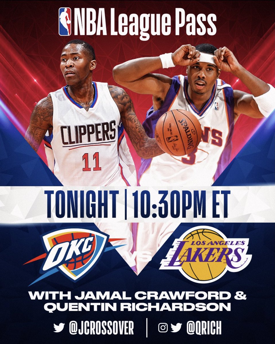 JCrossover's tweet photo. Experience the game with @QRich and I in a whole new way TONIGHT at 10:30 PM ET on NBA League Pass for @okcthunder and @Lakers where we’ll provide viewers with a player's perspective of the game.
Watch Here: https://t.co/BTsVLMFV0x https://t.co/uJT8aDXITD
