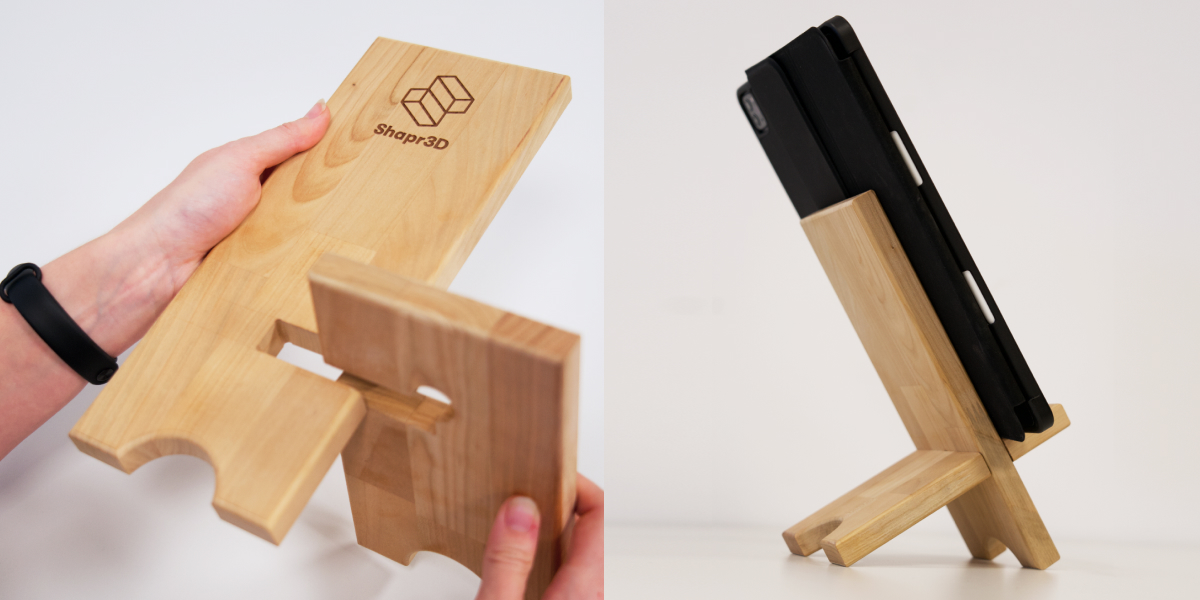 Shapr3D's tweet image. Our newest Product Manager Réka Schmidmajer has just tried her hand at #3Dmodeling and #woodworking for the first time. After modeling the iPad stand in #Shapr3D, she used a #CNCmachine to cut the design out. By the end, she got quite obsessed with the app 🤩