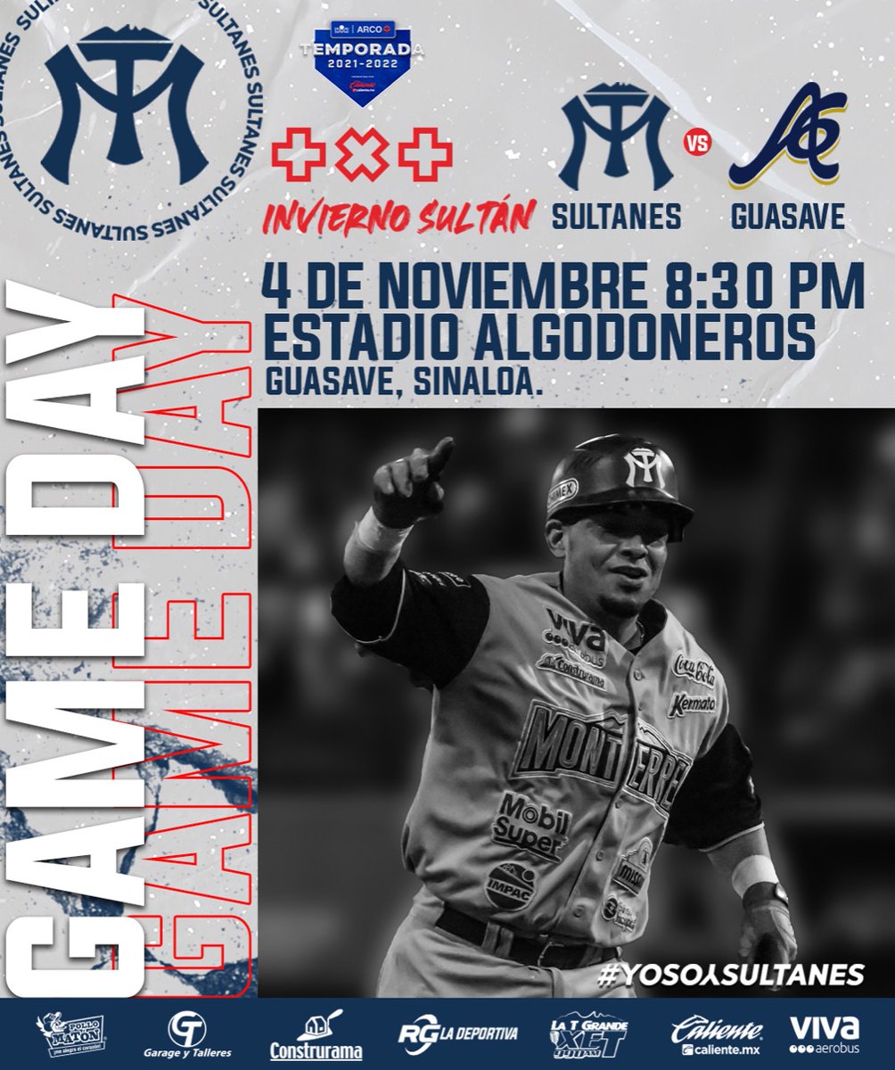 SultanesOficial's tweet photo. #GAMEDAY ⚾️

🆚 @AlgodonerosGsv
📍 Guasave, Sinaloa
🏟 Estadio Algodoneros
🕔 20:30 hrs. - Hora Centro
📺 @SKYSportsMX
📺 @Vetvmexico
📱 https://t.co/IDrEG49C1v
📱 App Sultanes Oficial
📻 La T Grande 990 am

#InviernoSultán ❤️⚾️ https://t.co/0sdWzcCBi3
