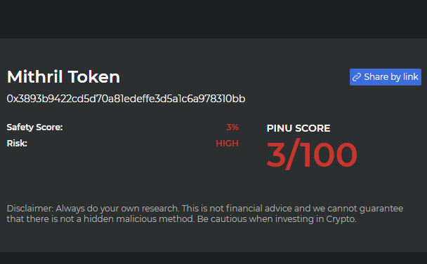 PinuScanner's tweet photo. Attention!
$MITH #MITH scored 3/100 on the Crypto Coin Scanner!

CCS is powered by @InuPirate $PINU looking for malicious functions &amp; dangerous code that could affect your investment. DYOR

Use scanner to find better projects like $VRA $SMI

Learn more at https://t.co/CLNdr7ybTZ https://t.co/EZ7fjD8QXS