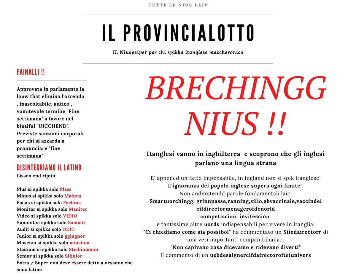 Davidecasc's tweet image. Vi piace l&apos;#itanglese? #propagandalive #lercio #lastampa #100milan #rainews #corriere #repubblica #tgcom24 #skytg24 #greenpass #vocabolario