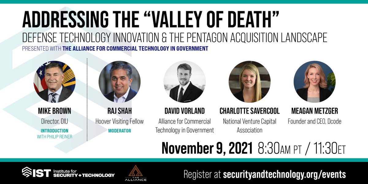 Coming up next: An IST-<a href="/TheAllianceIO/">The Alliance</a> event on the "Valley of Death"—the dangerous space between defense tech R&amp;D and viable product maturity.

Hear 360° perspectives from <a href="/DIU_x/">DefenseInnovationUnit</a>, <a href="/nvca/">NVCA</a>, <a href="/dcodethegov/">Dcode</a>

🗓️ Tuesday, Nov 9, 8:30PT / 11:30ET
➡️Register today: us02web.zoom.us/webinar/regist…