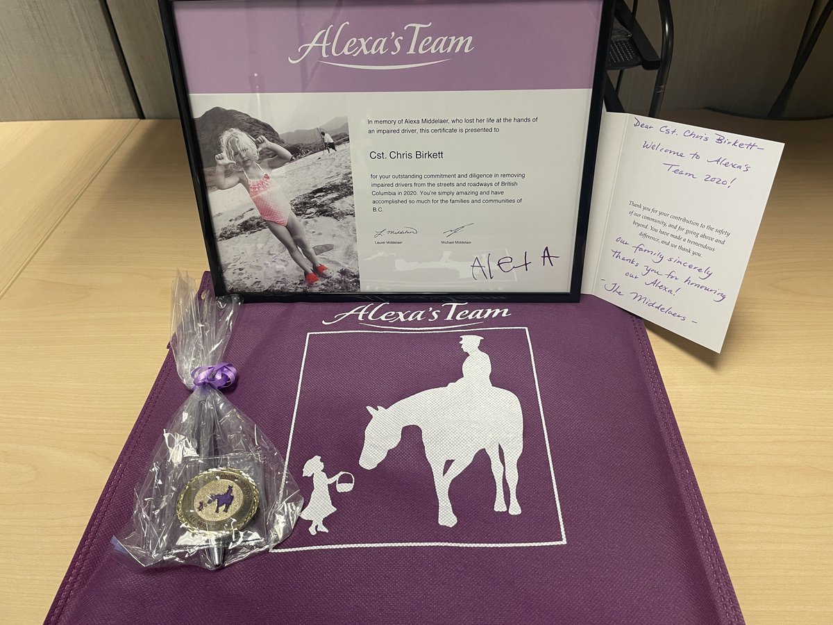 OutOnPatrolPres's tweet photo. Disappointed I missed the ceremony, but still proud to have made #AlexasTeam for the second year in a row! Thankful for the recognition package that just arrived in the mail, including a hand written card from the Middelare family. @VancouverPD @maddcanada @MADDVancouver @icbc https://t.co/Ae0lTzi6A0
