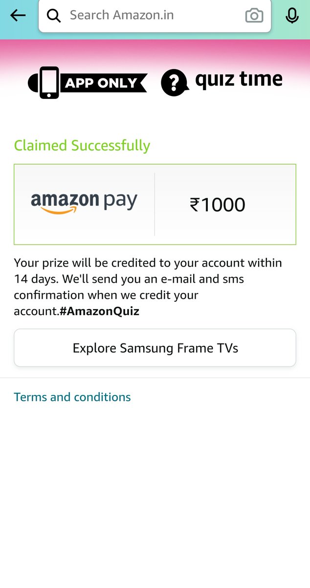 TheGabbarAtul's tweet photo. I Played an interesting Quiz in Samsung Look Your Frame Tv Quiz .. Thanks to Amazon Once Again I won a amount of Rs1000 as Amazon pay on 2nd November 2021 as a winner of contest #AmazonPrime #IWonOnAmazon #AmazonQuiz #Funzone #AmazonWinner #Gabbar_Atul @TheGabbarAtul @amazonIN https://t.co/tvYNM6kpet