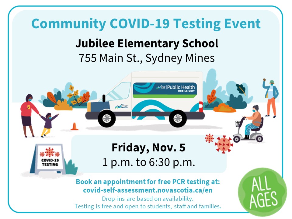 Please note there will be a Community COVID-19 Testing event tomorrow (Nov. 5) <a href="/JubileeElement1/">Jubilee Elementary</a> between 1 p.m. and 6:30 p.m.