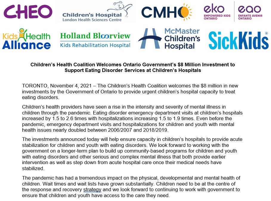 CHCOntario's tweet photo. Children’s health leaders welcome new investments in specialized care for children and youth with eating disorders https://t.co/ThA49kEccd