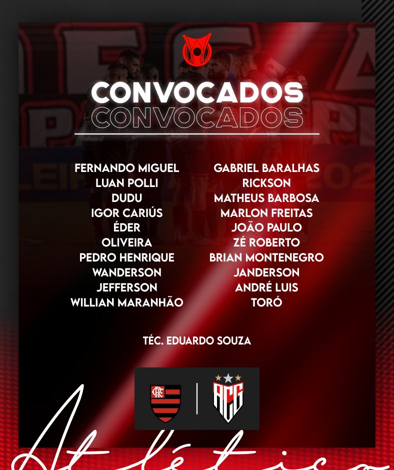 Confira a lista dos jogadores do Dragão relacionados para este duelo. Fonte: Atlético-GO/Twitter