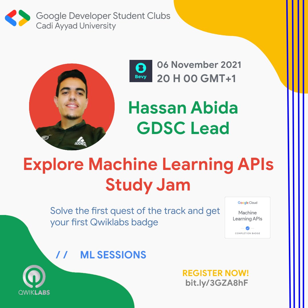 GDSCUCA's tweet photo. Session #2 - Study Jam // GDSC UCA ML Sessions 🔥️
In this session we are going to explore Google Cloud Machine Learning APIs such as Cloud Vision, Natural Language, and Translation APIs 😍.

#GoogleDeveloperStudentClubs
#GDSCMENA
#gdscuca
#machinelearning https://t.co/BtCKeGri7L