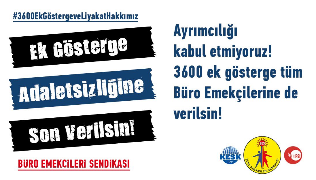 BTSGENELMERKEZ's tweet photo. #3600EkGöstergeveLiyakatHakkımız 3600 ek gösterge büro emekçilerinin olduğu gibi, bütün kamu emekçilerinin de hakkıdır!TİS'de 3600 ek göstergenin kapsamının dar bırakılmasını kabul etmiyoruz.Ayrımcılığı kabul etmiyoruz! https://t.co/EiWNZhZXmW