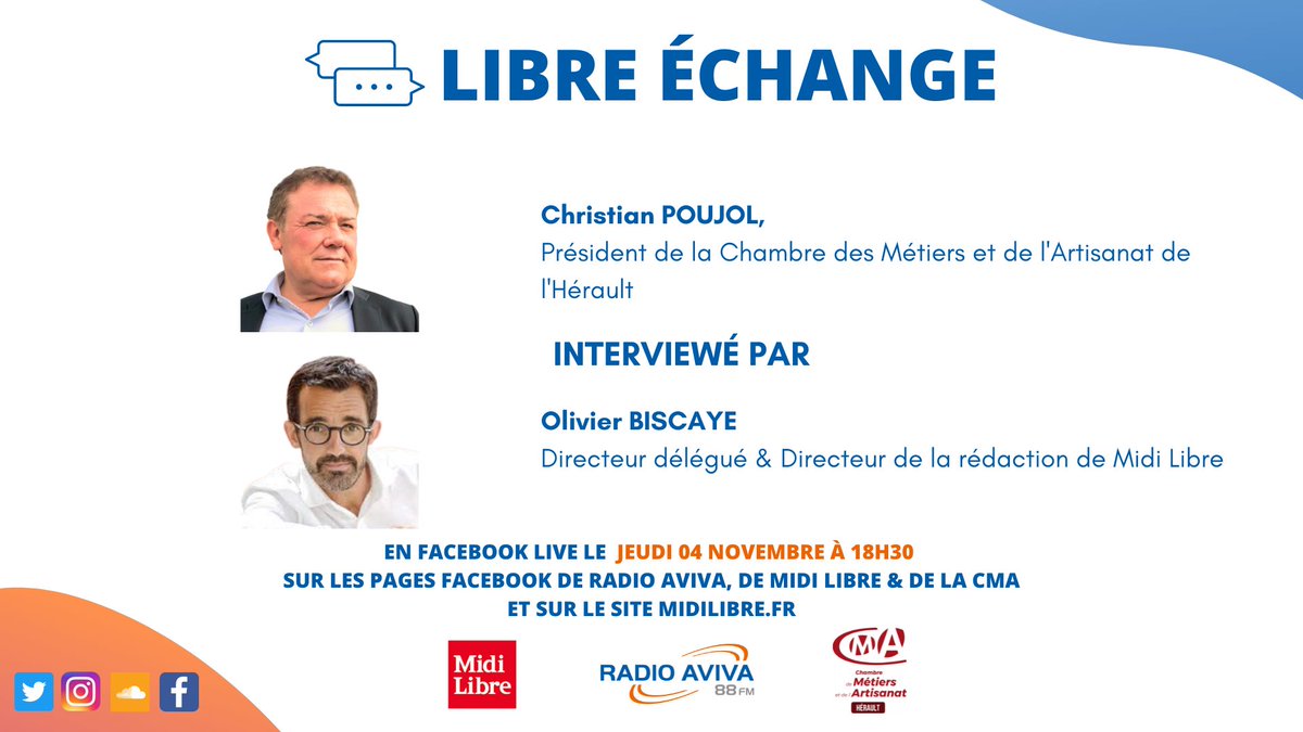 RadioAviva34's tweet photo. [LIBRE ECHANGE] En partenariat avec @Midilibre au micro de @OBiscaye, Christian POUJOL @electionCMA34 LIVE FACEBOOK 
Retrouvez-nous sur la page Facebook de @RadioAviva88Fm 
@CMA_HERAULT @CMAR_Occitanie 
#échange #Interviews #partage #partenariat #artisanat https://t.co/q8dQUG0HyO