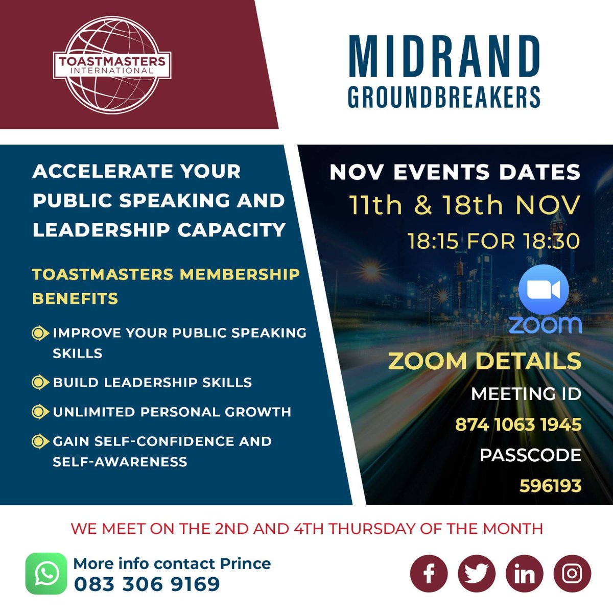Want to accelerate your public speaking and leadership capacity?, then you are at the right place. Join us on the 11th and 8th of November and you will never look back.
#DISRUPT
#Leadership
#PublicSpeaking