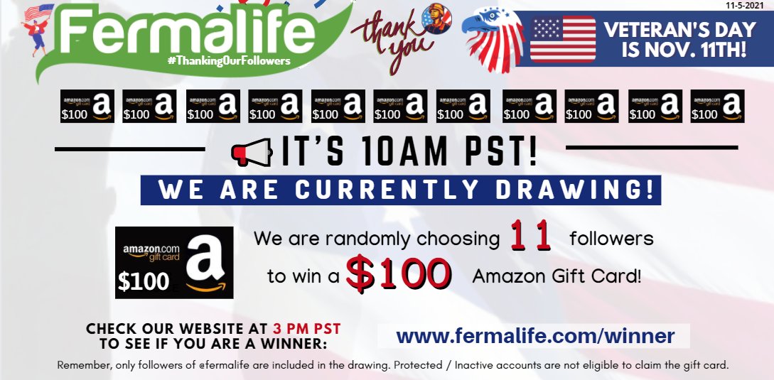 fermalife's tweet photo. 🇺🇸IT'S 10AM PST! We are currently drawing 11 random followers to win a $100 #AmazonGiftCard for November's #ThankingOurFollowers drawing! CHECK BACK AT 3PM PST ON OUR WEBSITE TODAY: https://t.co/6abtkiesD2 Set an alarm or TURN ON your notification bell! 🔔✔️ https://t.co/aFQioCft2T