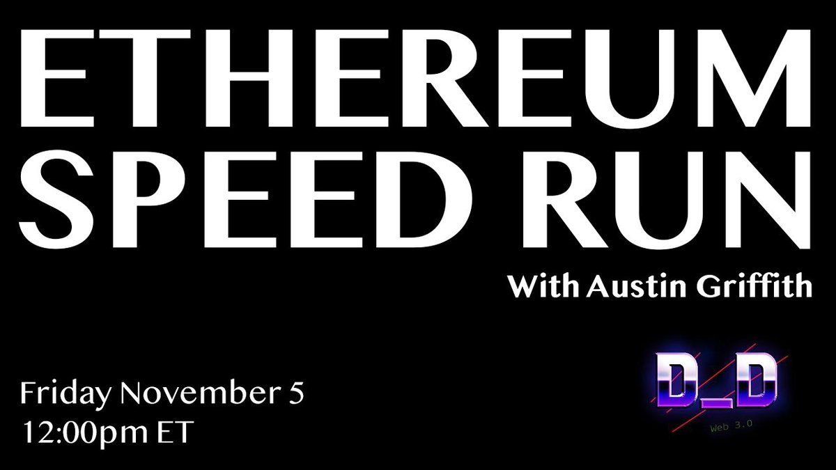 Announcing the 1st Developer DAO event 🎙🤌

Ethereum Speed Run - Live Stream Featuring <a href="/austingriffith/">Austin Griffith</a> 🏎

Get up &amp; running with Ethereum &amp; EVM development with an expert + live <a href="/developer_dao/">Developer DAO (🧱, 🚀)</a> token giveaway 🎟

Friday, November 5 12:00pm ET⌚️
youtube.com/watch?v=91ADHM…