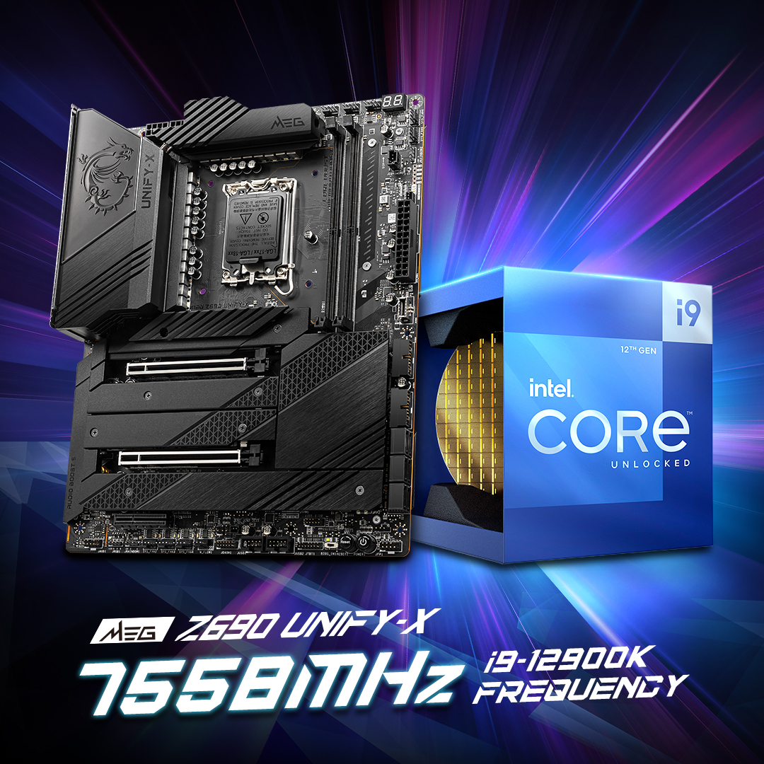 MSICanada's tweet image. "🚩A NEW RECORD has been achieved by our OC team with MEG Z690 UNIFY-X! 🚩

✨7558MHz with i9-12900K FREQUENCY
✨DDR5-8670MHz with @kingstontech FURY Beast DDR5

#Z690 #DDR5 #12thGenIntelCore