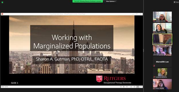 NYU_OT's tweet photo. We were honored to host a special virtual presentation of Dr. Sharon Gutman's (NYU '98) Slagle Lecture "Working with Marginalized Populations" on Tuesday November 3rd at NYU. The audience of 60 NYU faculty, students, alumni and OT colleagues offer their thanks to Dr. Gutman! https://t.co/r5OmO1eMkA