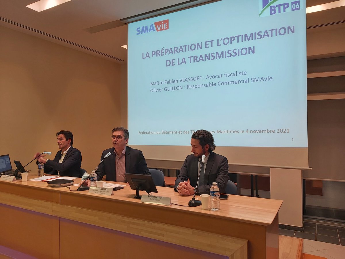 FBTP06's tweet photo. Soirée "préparation et optimisation de la #transmission" pour les entreprises du #btp06 avec la participation de @MoulardPatrick, Président @FBTP06, Me Fabien Vlassof, avocat fiscaliste et Olivier Guillon, Resp.Commercial du @GroupeSMA. https://t.co/wLnoOHCeZM