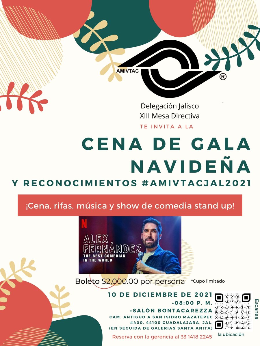 Se aproxima el fin de año y con el, nuestra fiesta de gala para cerrarlo⚠
Acompáñanos en esta cena de gala y entrega de reconocimientos #AMIVTACJAL2021, además, tendremos el show de stand up de Alex Fernández. Famoso por sus especiales en Comedy Central, Netflix, y demás!