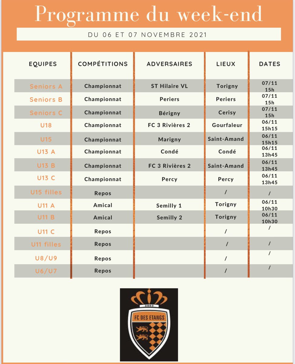 ⚽️PROGRAMME DU WEEK-END⚽️

L’équipe fanion aura l’occasion de se rattraper de ses dernières semaines à domicile dimanche💪🏽

Reprise des championnats jeunes après les vacances🤩