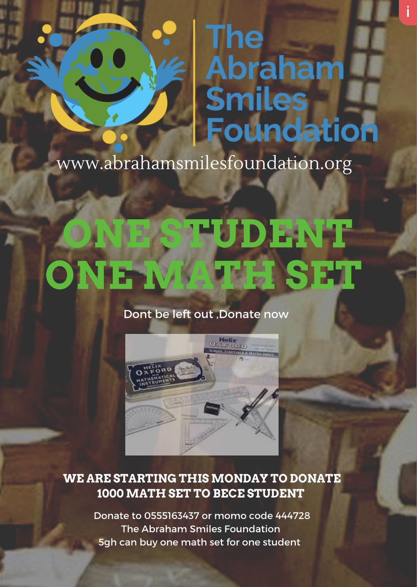 Godblessib's tweet photo. @Adepa70 BECE is here again. Let support.5gh can buy one math set.Donate now 
0555163437 or momo pay 444728
The Abraham Smiles Foundation is the name 
You have no idea what that little math set can do for someone.Let show them we are with them. 
#LetServeTogether

https://t.co/fggp09Li8j https://t.co/Vz7iIeELEy