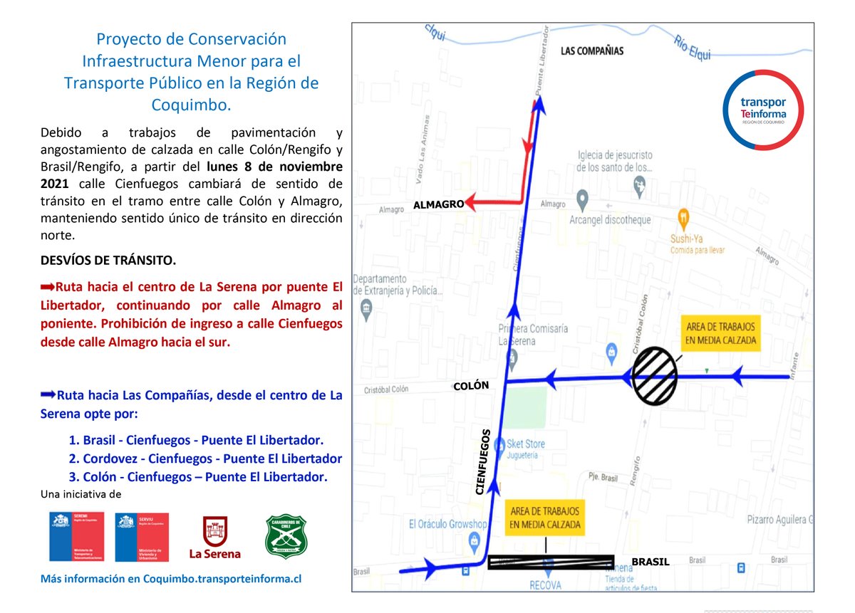 TTICoquimbo's tweet photo. ATENCIÓN #LaSerena: Debido a trabajos en calles Colón/Rengifo y Brasil/Rengifo a partir del lunes 8 de noviembre 2021 calle Cienfuegos cambiará de sentido de tránsito en el tramo entre calle Colón y Almagro.
Detalles👉🏻 https://t.co/oIgvJip80n https://t.co/GCg8VtUgMk
