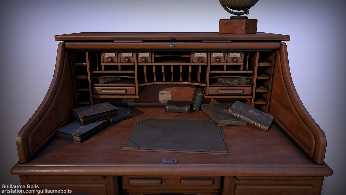 BolisGuillaume's tweet photo. Rencently finished a bunch of school projects I made over the last month, here's the third and final one.
A diorama of a roll top desk with some books, a globe and a chair

@ArtStationHQ link: https://t.co/efLGKPkH8p

#3dart #3D #digitalart #3dsmax #3dmodeling #substancepainter https://t.co/8eI1UTAJE7