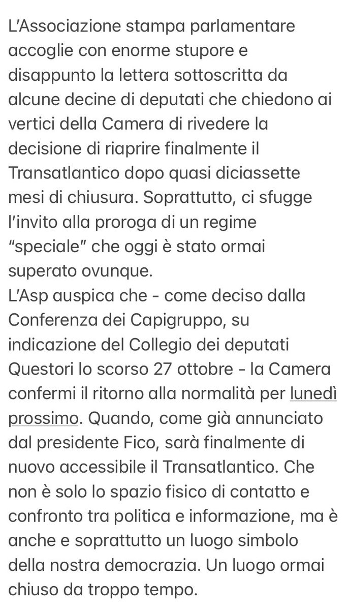 Sono riaperte le discoteche, ma alcune decine di deputati scrivono a Fico per chiedergli di rinviare l’apertura del  #Transatlantico già decisa per lunedì 8/11. Ma la Camera ha un regime diverso da tutti gli altri luoghi di lavoro? Il comunicato #Asp
