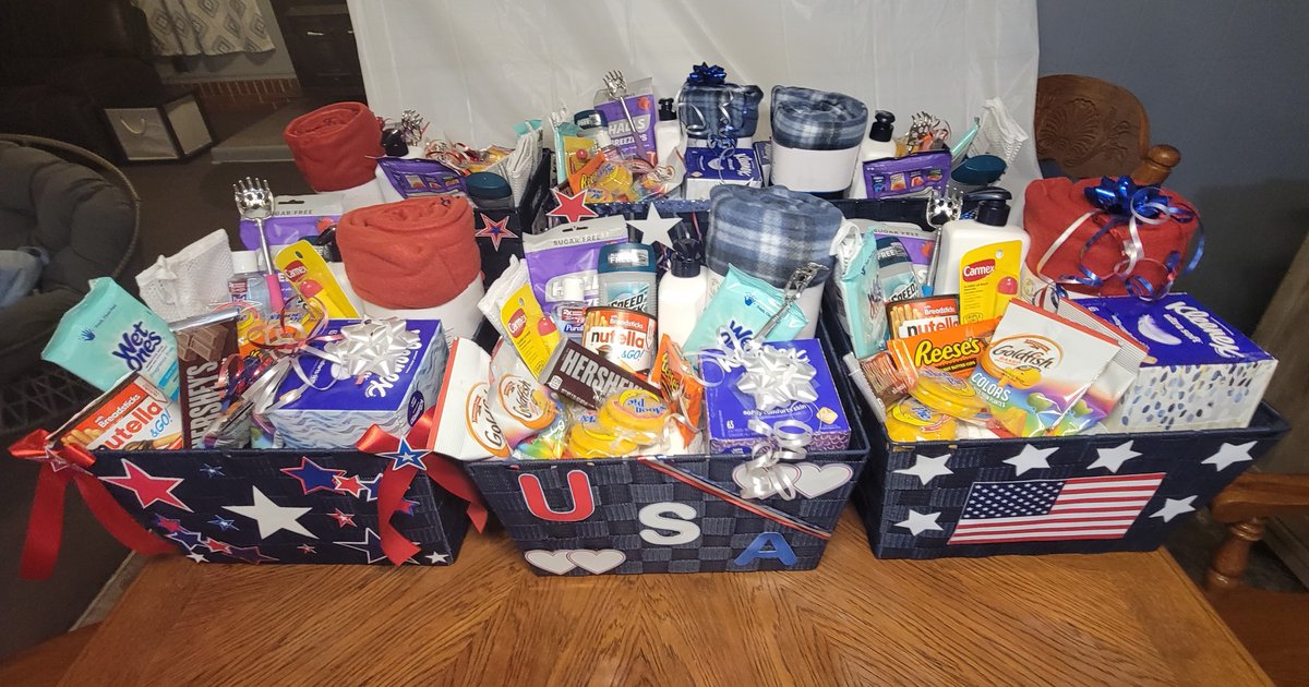 VeteranBaskets's tweet photo. Troop 3277 of Laurens, SC gave us a sneak peak at their @VeteranBaskets that they will be delivering on Veterans Day!!!  Their 6 girls put together 6 baskets packed with a Throw Blanket, socks, telescopic back scratcher, 20oz lotion, Wet Ones, Hall's Breezers, and treats! https://t.co/EJ2n2SH0GR