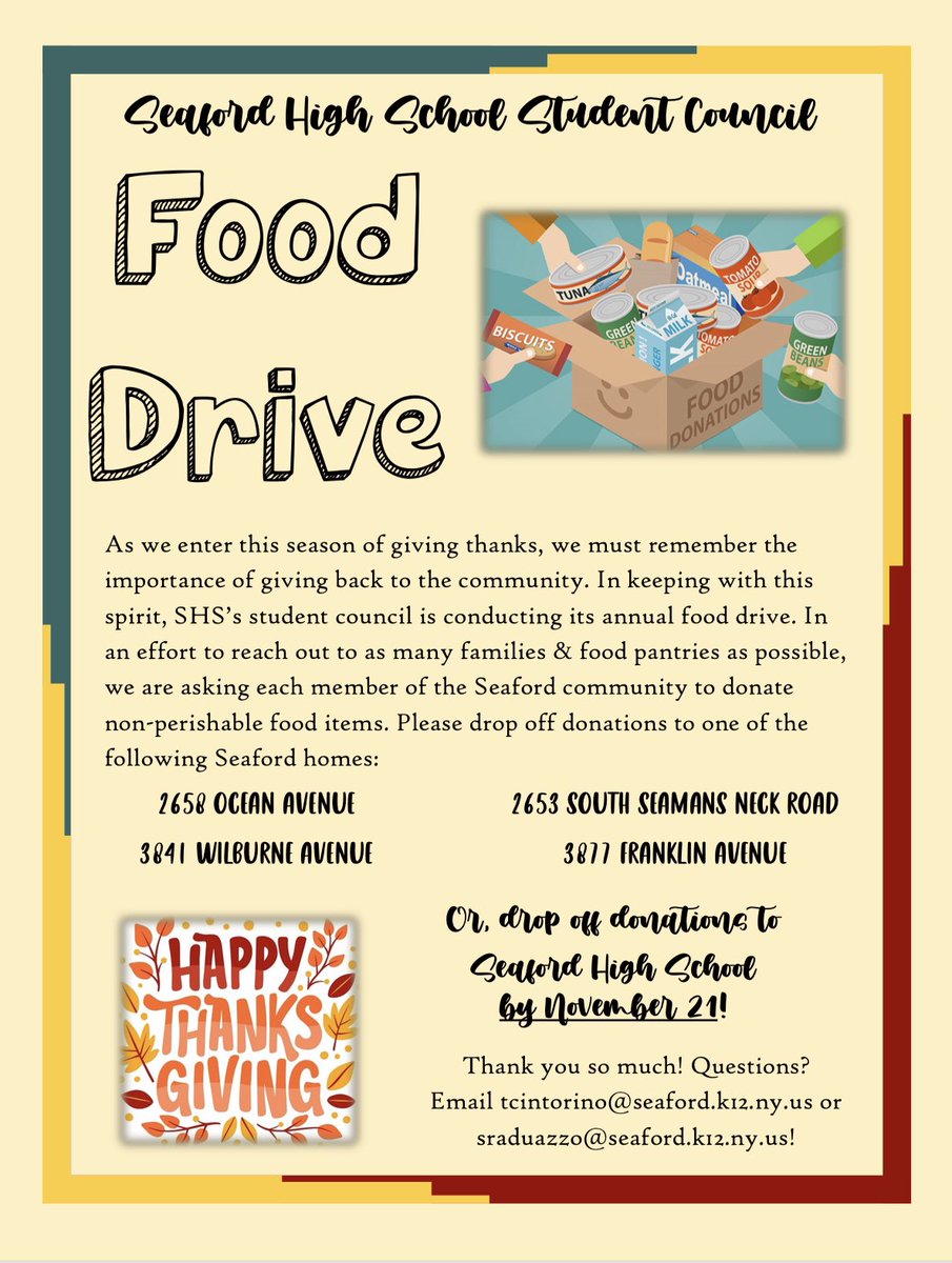 Let’s do it! The SHS Student Council hosts an incredible food drive every year at this time. Let’s make it better than ever! Drop off is at 4 community homes or at SHS by November 21. 💚 @SeafordHSsmj <a href="/Antan826/">Tania Cintorino</a>