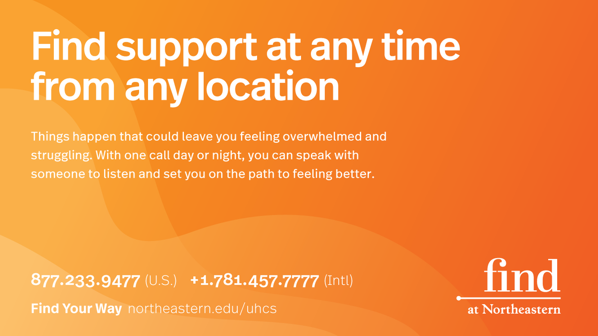 NU_UHCS's tweet photo. Mental health support is available 24/7. Call Find@Northeastern to talk with a licensed mental health provider and get support when you want it. #UHCS #NUMentalHealth https://t.co/VvouvDLqpG