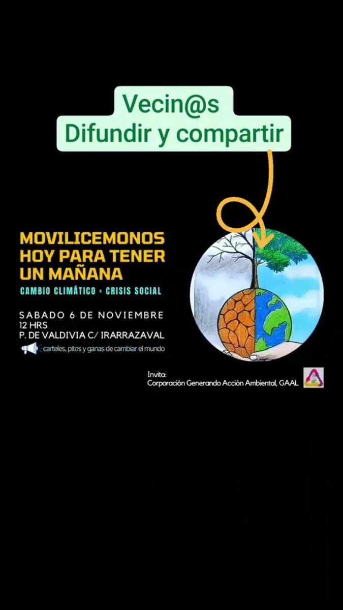 ComiteNunoa's tweet photo. Movilización por el #CambioClimatico este sábado 6 de noviembre a las 12 hrs, punto de encuentro: Pedro de Valdivia con Irarrázaval #Ñuñoa. Invita @GaalNunoa https://t.co/yKYYravgOG