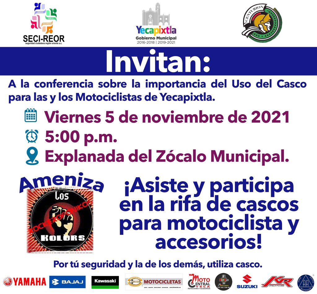 YecapixtlaMor's tweet photo. El Gobierno Municipal y los Grupos Organizados de Seguridad Ciudadana de nuestro municipio, te invitan a la conferencia sobre la importancia del Uso del Casco para las y los Motociclistas de Yecapixtla.

📆 Viernes 5 de noviembre
📍 Explanada del Zócalo Municipal
🕔 5:00 p.m. https://t.co/lLtVqs1cVi