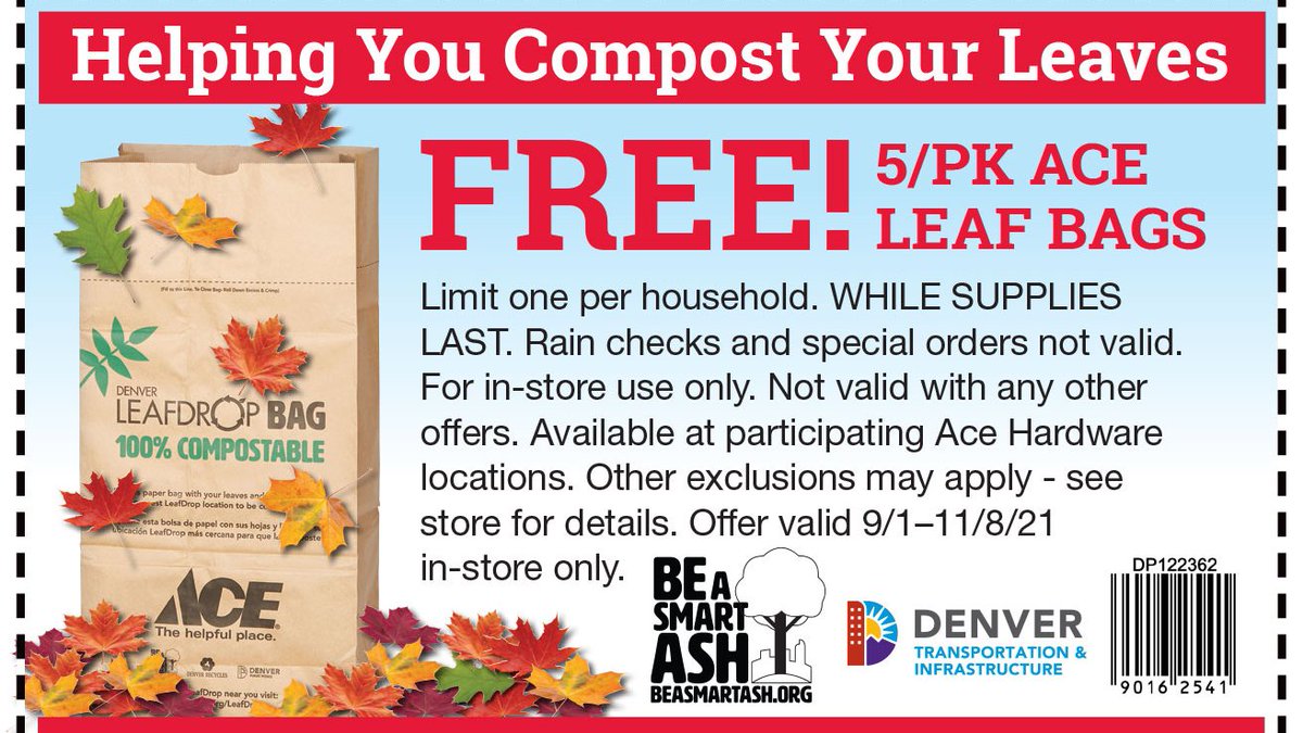 BeASmartAsh's tweet photo. Time is running out to get your FREE 5-pack of paper #leaf bags at a #Denver @AceHardware. Find a participating location: https://t.co/7qOpz1qRZn then show this coupon on your phone before Monday 11/8. #BeASmartAsh https://t.co/Bs6Rr4dpxr
