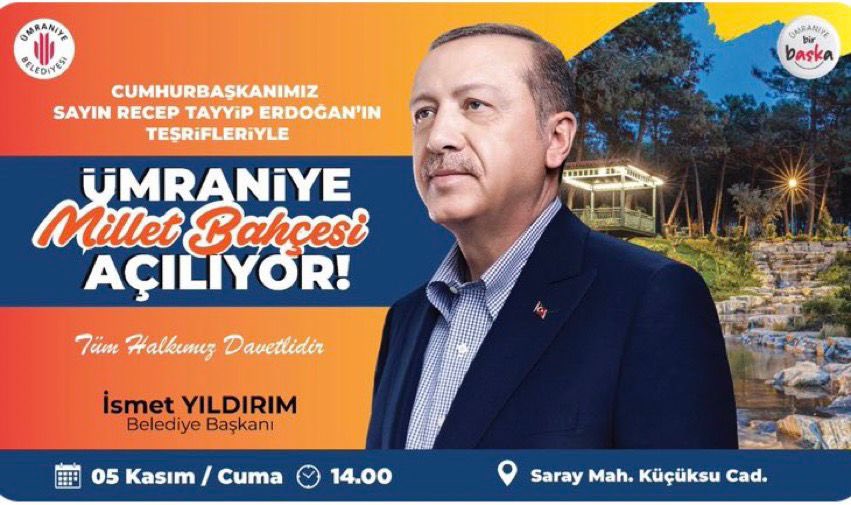 akpartiistanbul's tweet photo. Cumhurbaşkanımız Sayın @RTErdogan’ın katılımlarıyla Ümraniye Millet Bahçesi açılıyor.

Tüm İstanbulluları bekliyoruz.

🗓️ 05 Kasım 
🕐 14:00

#MilleteHizmetÖmrüneBereket https://t.co/zYpGJbuNa6