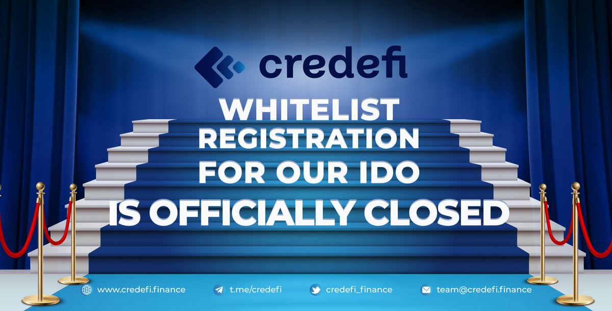 credefi_finance's tweet photo. 📢Whitelist registration for our upcoming #IDO is officially closed

🥳 Congratulations to all successful participants who were able to secure a whitelist spot!🎉

😊Next step: November 8th, 03:00PM UTC when the IDO goes live!🚀 https://t.co/A1CHAgKme3