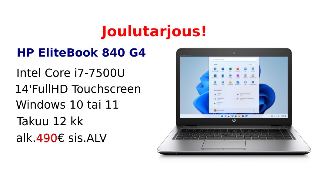 atk_malmi's tweet photo. Joulutarjous! Tyylikkaat ja laadukkaat HP EliteBook 840 G4 alk.490€ sis. ALV. Core i7 (7th gen), RAM 4-32Gt, 128-960Gt SSD, 14'FullHD touchscreen, Win 11 tai Win 10, Refurbished, Grade A, Vuoden takuu! Katso lisää https://t.co/JyIQEyXaJW https://t.co/nMDlNIYjGv