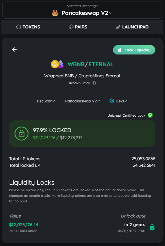 UNCX_token's tweet photo. 💧 Congratulations to @CryptoMinesApp  🔐

ℹ️ ETERNAL/BNB LP tokens (98%) have successfully been relocked until November 2023.

👊Ensure the security of your LP tokens &amp; empower your project.

https://t.co/mxYttINbhA

🔽ETERNAL has been offered on our ILO platform - Details below https://t.co/g2ggdahBx2