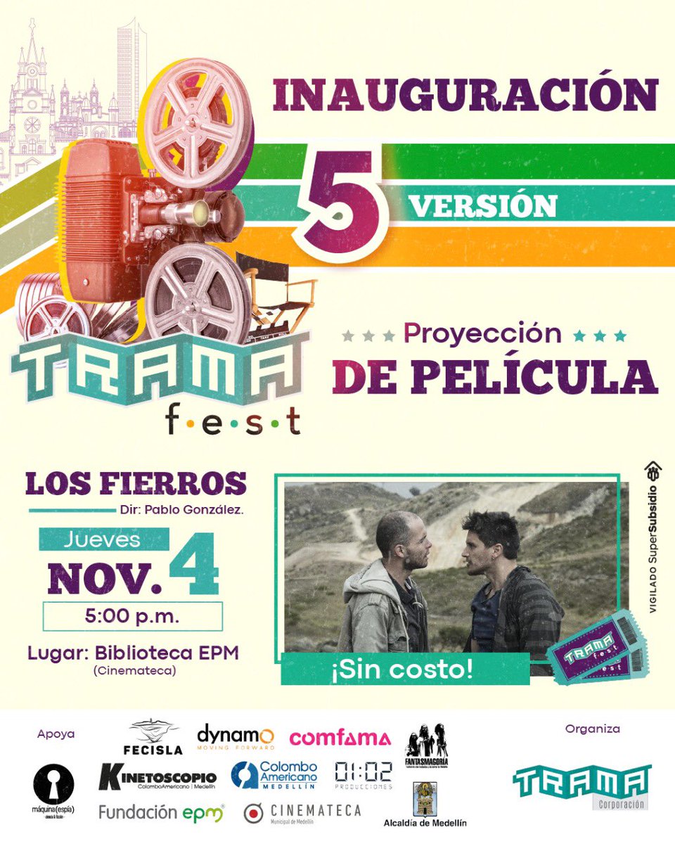 ¡Hoy tenemos proyección! 🎥 Te esperamos a las 5:00 p.m. en la Cinemateca de la #BibliotecaEPM para disfrutar de “Los Fierros” y la inauguración del #TramaFest2021. 🎞 ¡Sin costo!