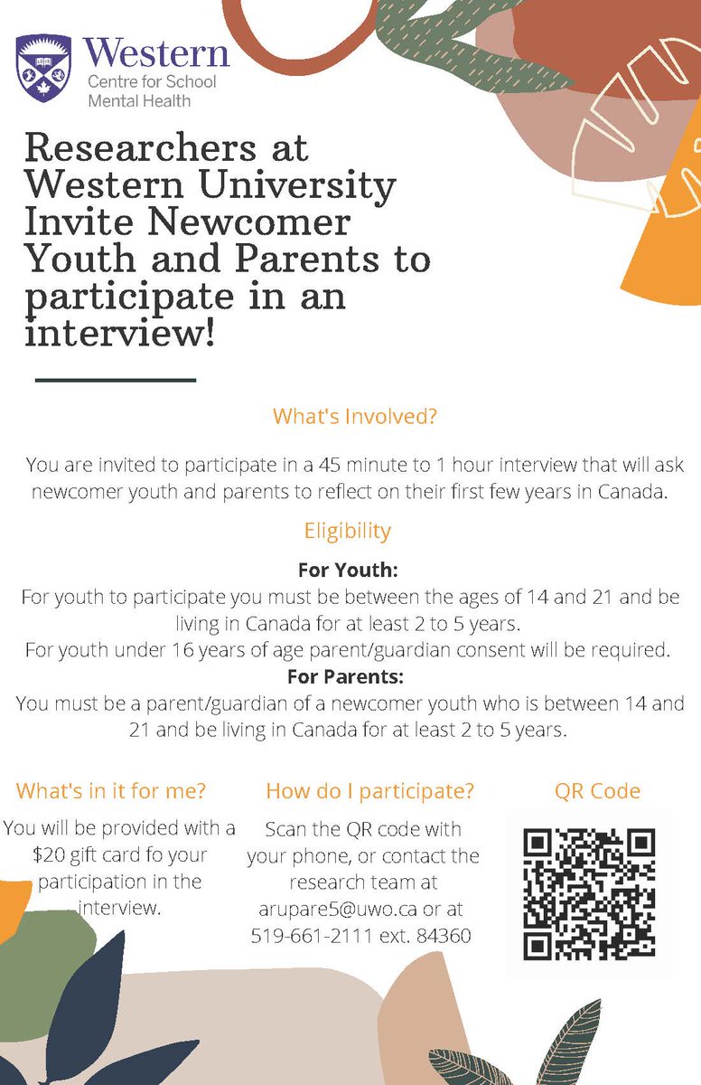 Researchers <a href="/WesternU/">Western University</a> invite newcomer youth and parents to participate in an interview to help us better understand their mental health needs during the initial resettlement period through their stories. Contact arupare5@uwo.ca for more info or visit:
uwo.eu.qualtrics.com/jfe/form/SV_3l…