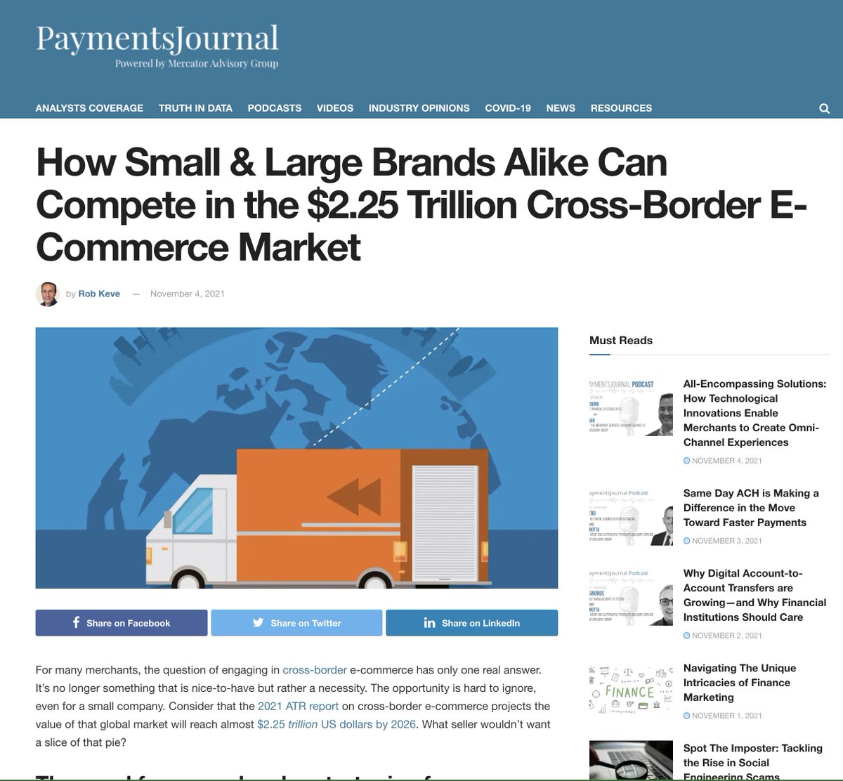 How Small &amp; Large Brands Alike Can Compete in the $2.25 Trillion Cross-Border E-Commerce Market 
Rob Keve covers: 
✅ Local Currency &amp; Pricing 
✅ Duties &amp; Taxes Calculation 
✅ Offering Local Payments 
✅ Shipping &amp; Logistics 
✅ Customer Experience 

hubs.ly/H0-D2Rl0