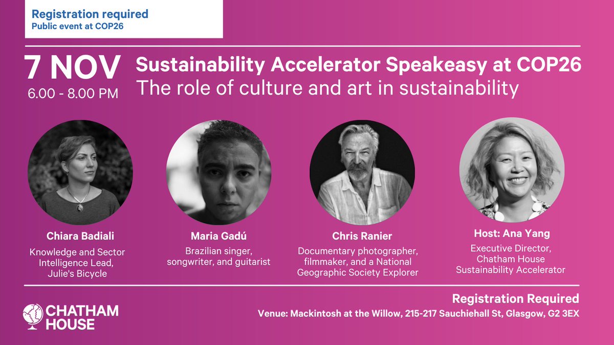 CH_Accelerator's tweet photo. How are cultural leaders and artists tackling the climate crisis?

Join our event with @mariagadu, @JBgreenmusic &amp; photographer Chris Rainier

⏰7 Nov, 6-8 PM 
📍Mackintosh at the Willow, Glasgow

Registration required: https://t.co/b0BFKkA5N0

#CHatCOP26 https://t.co/lq0mYmhOYV